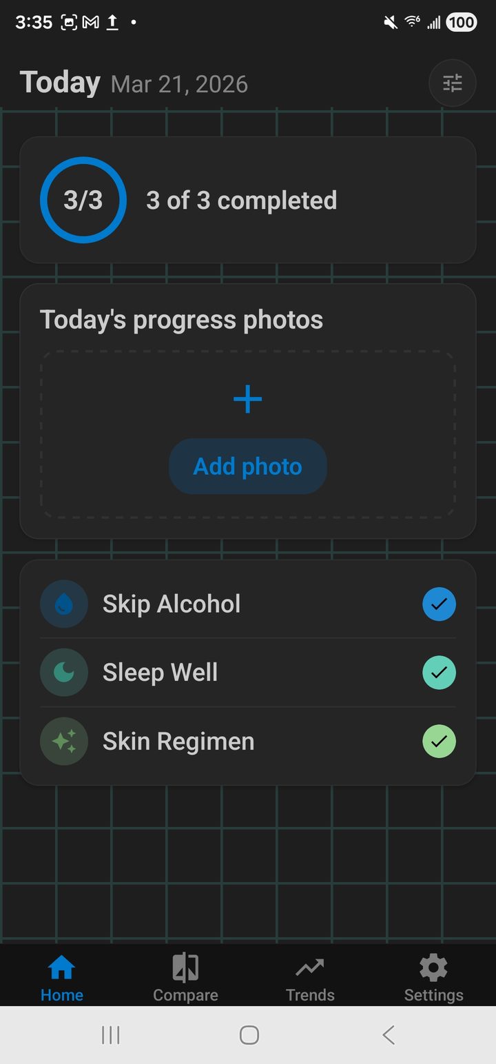 Peak You home screen in dark theme showing today&rsquo;s habit checklist.