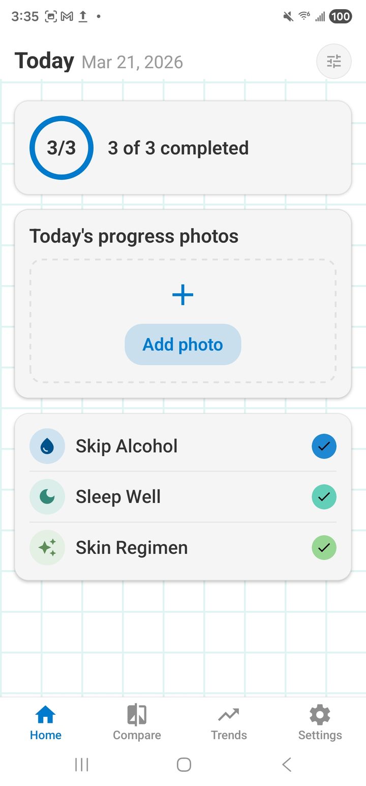 Peak You home screen in light theme showing today&rsquo;s habit checklist with three habits and a progress photo prompt.